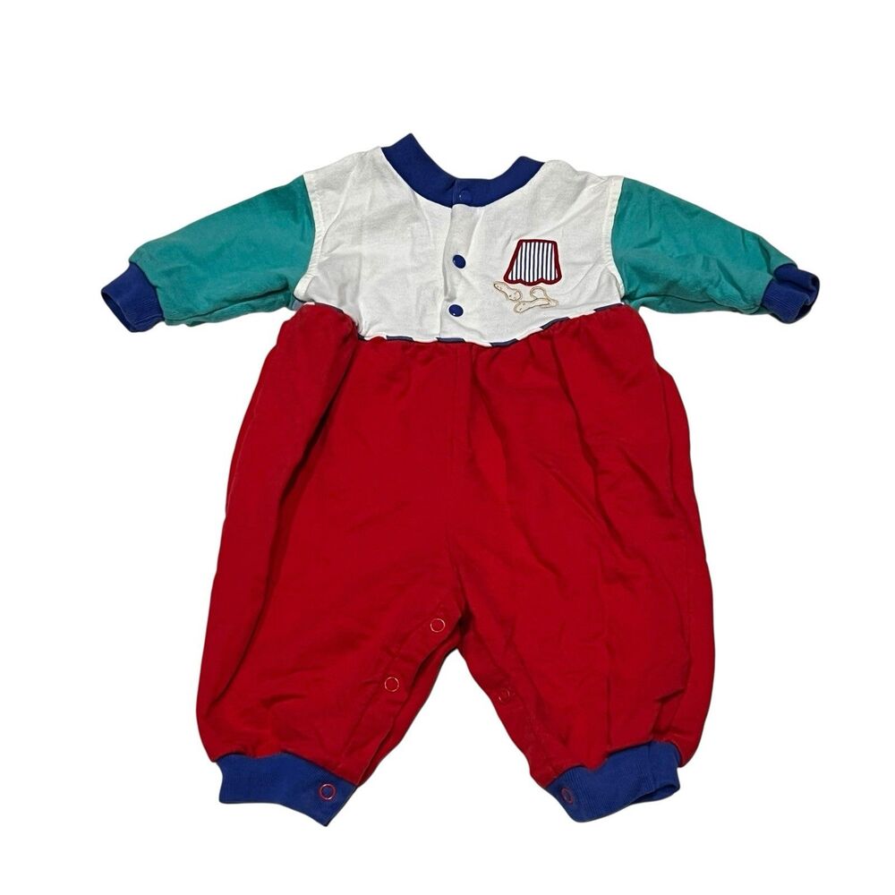 Vintage Okie Dokie Baby Romper Red White Blue Elephant Color Block Circus Cute